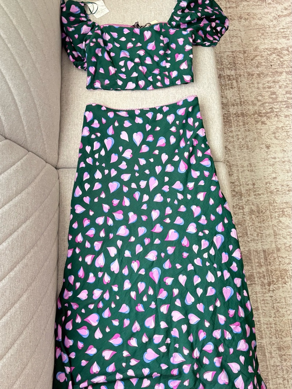 Dress Forum Green Set with Pink & Lavender Heart Trim